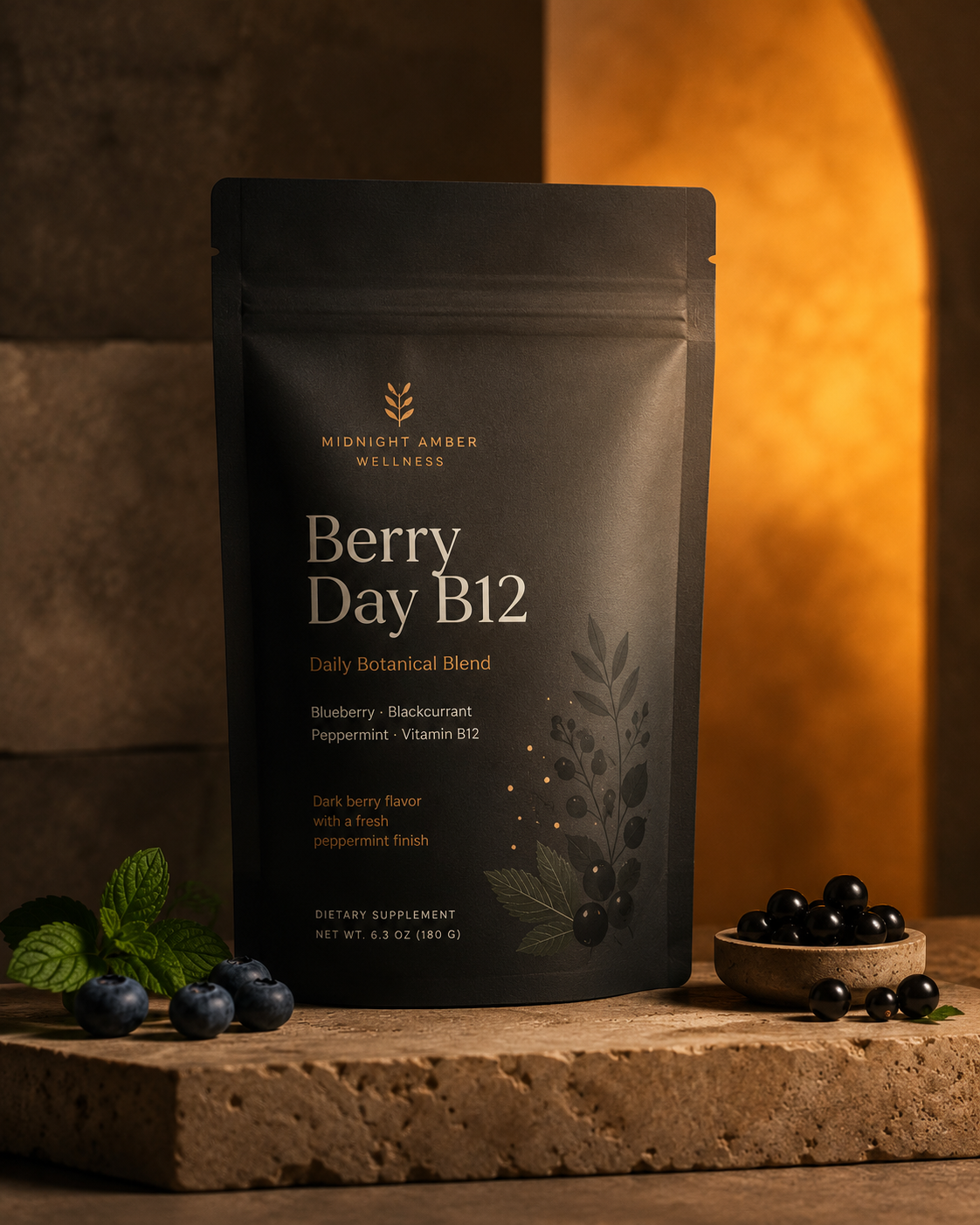 Berry Day B12 Daily Botanical Blend pack on a warm stone pedestal